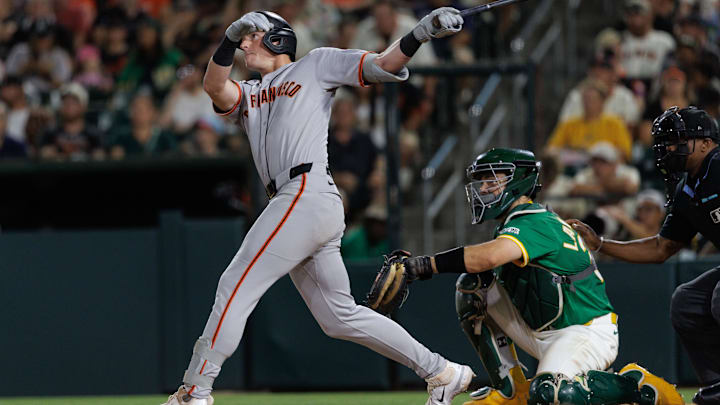 Jul 6, 2025; West Sacramento, California, USA; San Francisco Giants second baseman Tyler Fitzgerald (49) hits a one-run home run during the eighth inning against the Athletics at Sutter Health Park. Mandatory Credit: Sergio Estrada-Imagn Images Jul 6, 2025; West Sacramento, California, USA; San Francisco Giants second baseman Tyler Fitzgerald (49) hits a one-run home run during the eighth inning against the Athletics at Sutter Health Park. Mandatory Credit: Sergio Estrada-Imagn Images