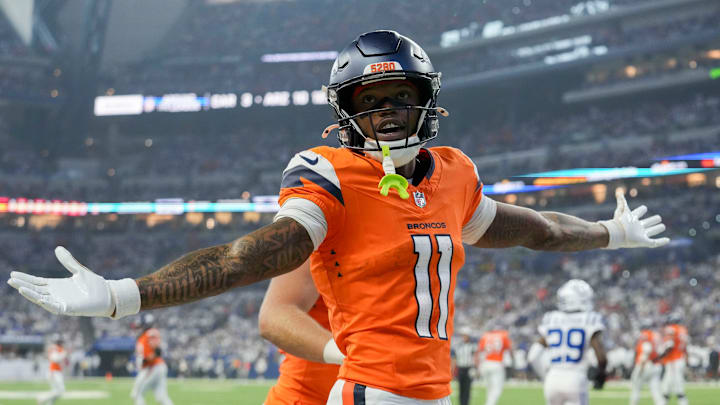 Denver Broncos wide receiver Troy Franklin (11) celebrates a touchdown Sunday, Sept. 14, 2025, during a game against the Indianapolis Colts at Lucas Oil Stadium in Indianapolis.
