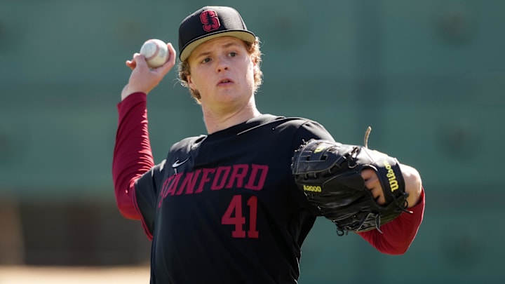 Mar 1, 2025; Stanford, CA, USA; Stanford Cardinal pitcher Liam Golden (41) warms up before the game against the Xavier Musketeers at Sunken Diamond. Mandatory Credit: Darren Yamashita-Imagn Images