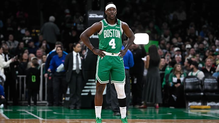 Dec 12, 2024; Boston, Massachusetts, USA;  Boston Celtics guard Jrue Holiday (4) waits for game action to resume during the first half against the Detroit Pistons at TD Garden. Mandatory Credit: Eric Canha-Imagn Images