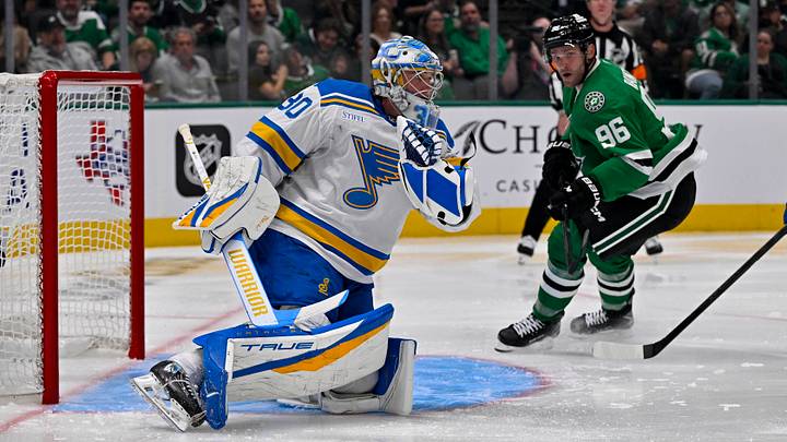 Oct 2, 2026; Dallas, Texas, USA; St. Louis Blues goaltender Joel Hofer (30) makes a glove save in front of Dallas Stars right wing Mikko Rantanen (96) during the second period at the American Airlines Center. Mandatory Credit: Jerome Miron-Imagn Images Oct 2, 2026; Dallas, Texas, USA; St. Louis Blues goaltender Joel Hofer (30) makes a glove save in front of Dallas Stars right wing Mikko Rantanen (96) during the second period at the American Airlines Center. Mandatory Credit: Jerome Miron-Imagn Images