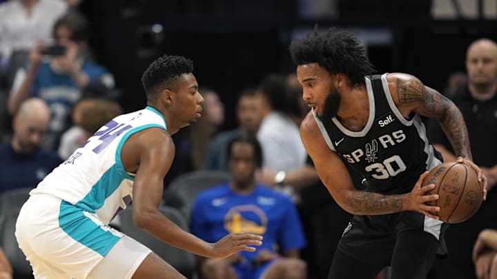 Jul 3, 2023; Sacramento, CA, USA; San Antonio Spurs forward Julian Champagnie (30) handles the ball