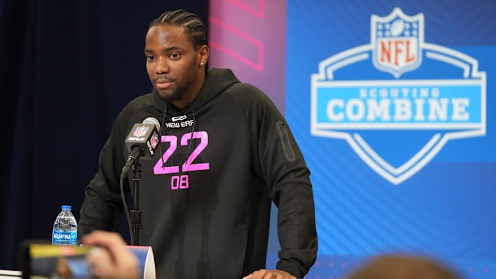 Notre Dame defensive back Benjamin Morrison speaks to the media at the 2025 NFL combine. Notre Dame defensive back Benjamin Morrison speaks to the media at the 2025 NFL combine.