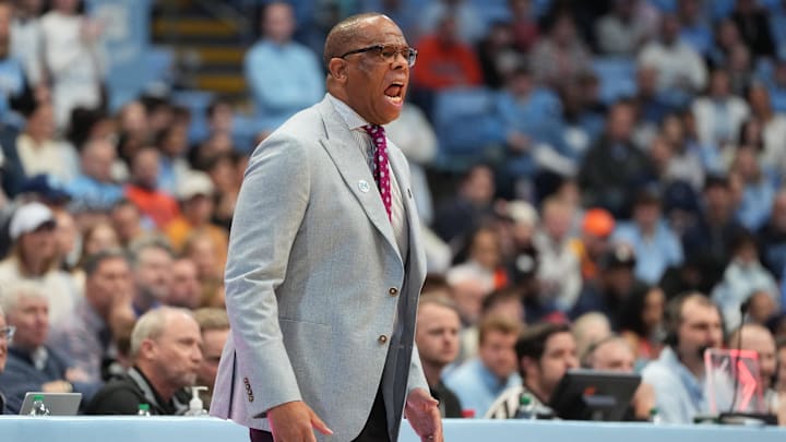 Feb 2, 2026; Chapel Hill, North Carolina, USA; North Carolina Tar Heels head coach Hubert Davis reacts in the first half at Dean E. Smith Center. Mandatory Credit: Bob Donnan-Imagn Images Feb 2, 2026; Chapel Hill, North Carolina, USA; North Carolina Tar Heels head coach Hubert Davis reacts in the first half at Dean E. Smith Center. Mandatory Credit: Bob Donnan-Imagn Images