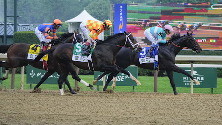 Jun 7, 2025; Saratoga, NY, USA;  Rodriguez with Mike E. Smith up leads Uncaged with Luis Saez up and Cruo with John R. Velazquez up on the first pass down the front stretch in the Belmont Stakes at Saratoga Race Course. Mandatory Credit: Gregory Fisher-Imagn Images