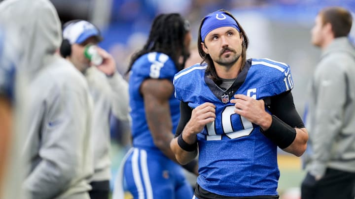 Indianapolis Colts quarterback Gardner Minshew II (10) walks the sideline Sunday, Oct. 22, 2023,