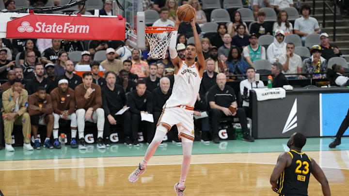 Mar 31, 2024; San Antonio, Texas, USA; San Antonio Spurs center Victor Wembanyama (1) catches a Mar 31, 2024; San Antonio, Texas, USA; San Antonio Spurs center Victor Wembanyama (1) catches a