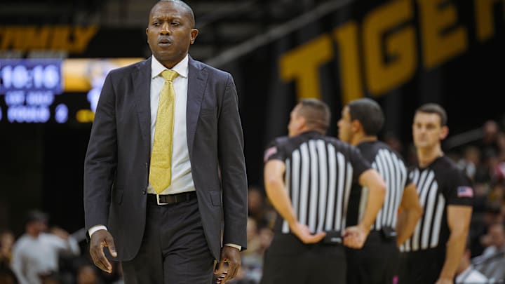 Nov 27, 2024; Columbia, Missouri, USA; Missouri Tigers head coach Dennis Gates reacts during an injury timeout during the first half against the Lindenwood Lions at Mizzou Arena. Mandatory Credit: Jay Biggerstaff-Imagn Images Nov 27, 2024; Columbia, Missouri, USA; Missouri Tigers head coach Dennis Gates reacts during an injury timeout during the first half against the Lindenwood Lions at Mizzou Arena. Mandatory Credit: Jay Biggerstaff-Imagn Images