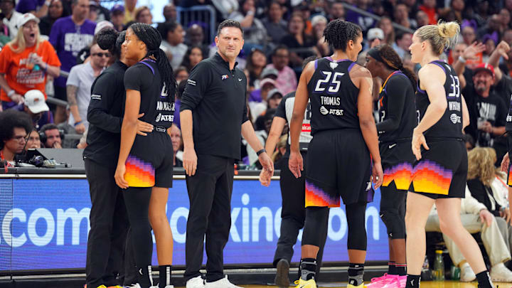 Oct 10, 2025; Phoenix, Arizona, USA; Phoenix Mercury head coach Nate Tibbetts reacts after being ejected during the second half of game four against the Las Vegas Aces of the 2025 WNBA Finals at Mortgage Matchup Center. Mandatory Credit: Joe Camporeale-Imagn Images Oct 10, 2025; Phoenix, Arizona, USA; Phoenix Mercury head coach Nate Tibbetts reacts after being ejected during the second half of game four against the Las Vegas Aces of the 2025 WNBA Finals at Mortgage Matchup Center. Mandatory Credit: Joe Camporeale-Imagn Images