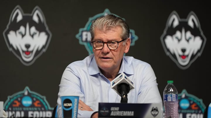 Apr 1, 2022; Minneapolis, MN, USA; UConn Huskies head coach Geno Auriemma speaks to the media after defeating the Stanford Cardinal in the Final Four semifinals of the women's college basketball NCAA Tournament at Target Center. Mandatory Credit: Kirby Lee-Imagn Images Apr 1, 2022; Minneapolis, MN, USA; UConn Huskies head coach Geno Auriemma speaks to the media after defeating the Stanford Cardinal in the Final Four semifinals of the women's college basketball NCAA Tournament at Target Center. Mandatory Credit: Kirby Lee-Imagn Images