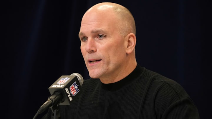 Feb 25, 2025; Indianapolis, IN, USA; Baltimore Ravens general manager Eric DeCosta speaks during the NFL Scouting Combine at the Indiana Convention Center. Mandatory Credit: Kirby Lee-Imagn Images