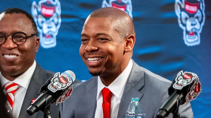 NC State men's basketball coach Justin Gainey speaks during his introductory press conference on April 1, 2026.
