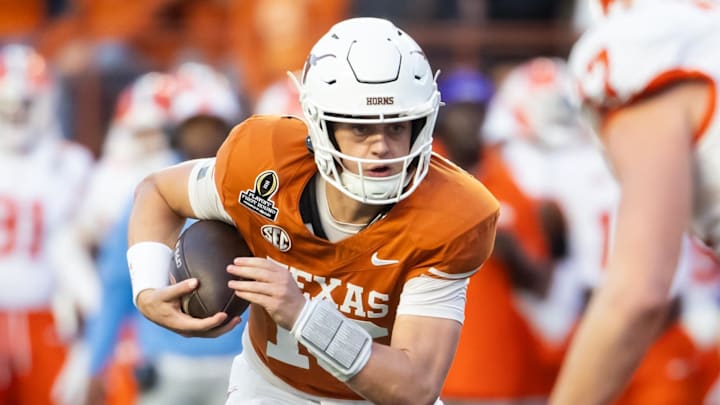 Dec 21, 2024; Austin, Texas, USA; Texas Longhorns quarterback Arch Manning (16) against the Clemson Tigers during the second half of the CFP National playoff first round at Darrell K Royal-Texas Memorial Stadium. Mandatory Credit: Mark J. Rebilas-Imagn Imagesn Images