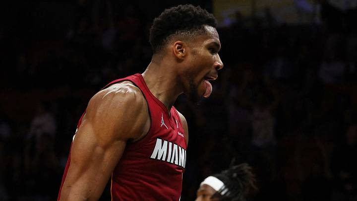Miami Heat forward Giannis Antetokounmpo (7) celebrates (Mandatory Credit: Isabella Frias-Imagn Images) Miami Heat forward Giannis Antetokounmpo (7) celebrates (Mandatory Credit: Isabella Frias-Imagn Images)