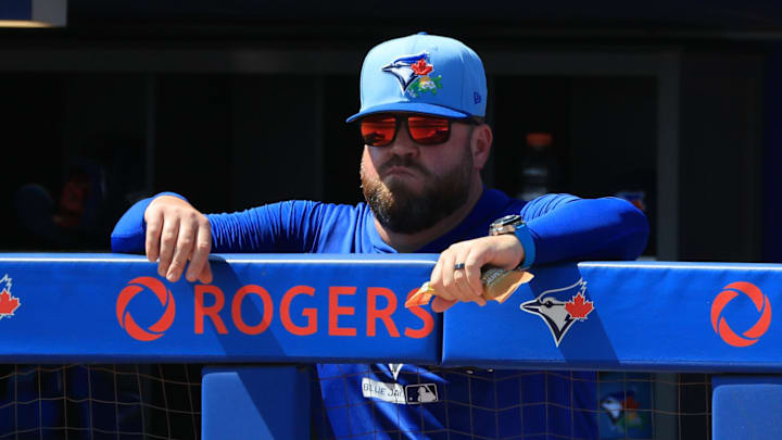 Toronto Blue Jays manager John Schneider (14) during the second inning against the Atlanta Braves at TD Ballpark. Toronto Blue Jays manager John Schneider (14) during the second inning against the Atlanta Braves at TD Ballpark.