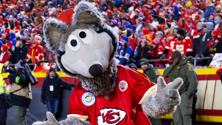 Jan 26, 2025; Kansas City, MO, USA; Kansas City Chiefs mascot KC Wolf in the AFC Championship game at GEHA Field at Arrowhead Stadium. Mandatory Credit: Mark J. Rebilas-Imagn Images