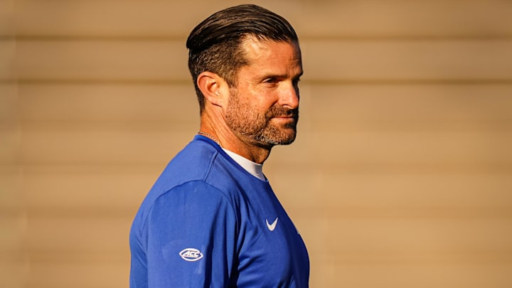 Nov 8, 2025; East Hartford, Connecticut, USA; Duke Blue Devils head coach Manny Diaz on the field before the start of the game against the UConn Huskies at Pratt & Whitney Stadium at Rentschler Field. Mandatory Credit: David Butler II-Imagn Images