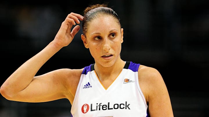 Sep 3, 2011; Phoenix, AZ, USA; Phoenix Mercury guard Diana Taurasi (3) reacts on the court while playing against the Los Angeles Sparks during the first half at the US Airways Center. The Mercury defeated the Sparks 93-77. Mandatory Credit: Jennifer Stewart-Imagn Images Sep 3, 2011; Phoenix, AZ, USA; Phoenix Mercury guard Diana Taurasi (3) reacts on the court while playing against the Los Angeles Sparks during the first half at the US Airways Center. The Mercury defeated the Sparks 93-77. Mandatory Credit: Jennifer Stewart-Imagn Images