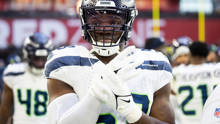 Dec 8, 2024; Glendale, Arizona, USA; Seattle Seahawks linebacker Boye Mafe (53) against the Arizona Cardinals at State Farm Stadium. Dec 8, 2024; Glendale, Arizona, USA; Seattle Seahawks linebacker Boye Mafe (53) against the Arizona Cardinals at State Farm Stadium.