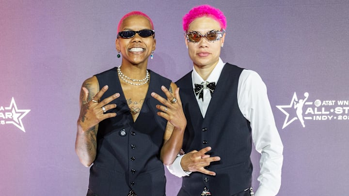 Jul 17, 2025; Indianapolis, IN, USA; Courtney Williams and Natisha Hiedeman stop to pose for photos on the Orange Carpet to start the 2025 WNBA All-Star weekend at Indiana Convention Center. Mandatory Credit: Trevor Ruszkowski-Imagn Images