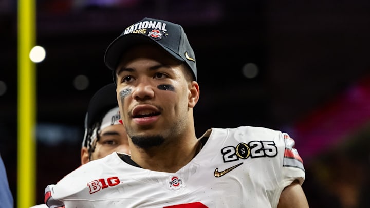 Jan 20, 2025; Atlanta, GA, USA; Ohio State Buckeyes linebacker Cody Simon (0) against the Notre Dame Fighting Irish during the CFP National Championship college football game at Mercedes-Benz Stadium. Mandatory Credit: Mark J. Rebilas-Imagn Images Jan 20, 2025; Atlanta, GA, USA; Ohio State Buckeyes linebacker Cody Simon (0) against the Notre Dame Fighting Irish during the CFP National Championship college football game at Mercedes-Benz Stadium. Mandatory Credit: Mark J. Rebilas-Imagn Images