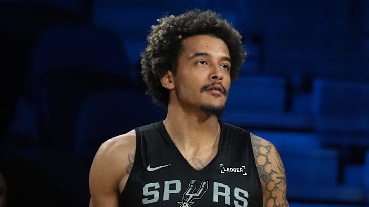Dec 12, 2025; Las Vegas, NV, USA; San Antonio Spurs forward Jeremy Sochan (10) during practice prior to the Emirates Cup semifinals at T-Mobile Arena. Mandatory Credit: Kirby Lee-Imagn Images