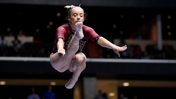 Oklahoma's Faith Torrez scores a perfect 10 on the beam during the SEC Gymnastics Championships at BOK Center in Tulsa, Okla., Saturday, March 21, 2026. Oklahoma's Faith Torrez scores a perfect 10 on the beam during the SEC Gymnastics Championships at BOK Center in Tulsa, Okla., Saturday, March 21, 2026.