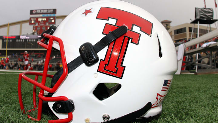 Sep 30, 2017; Lubbock, TX, USA; A Texas Tech Red Raiders helmet is seen on the field before a game against the Oklahoma State Cowboys at Jones AT&T Stadium. Mandatory Credit: Michael C. Johnson-USA TODAY Sports