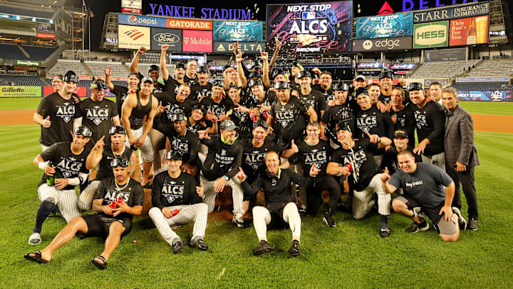 Oct 18, 2022; Bronx, New York, USA; The New York Yankees celebrate after their win against the