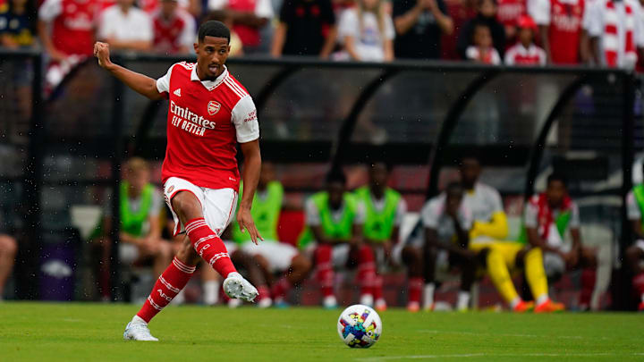 Jul 16, 2022; Baltimore, Maryland, USA; Arsenal forward William Saliba passes during the Charm City International Friendly at M&T Stadium.  Arsenal defeated Everton 2-0. Mandatory Credit: Tommy Gilligan-Imagn Images
