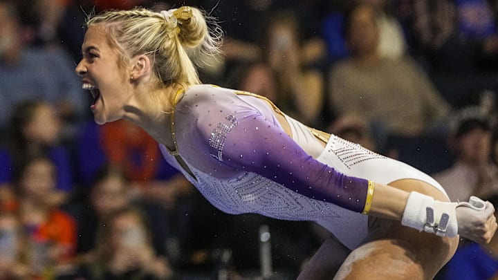 LSU Tigers gymnast Olivia Dunne reacts after competing during the SEC Gymnastics Championship LSU Tigers gymnast Olivia Dunne reacts after competing during the SEC Gymnastics Championship