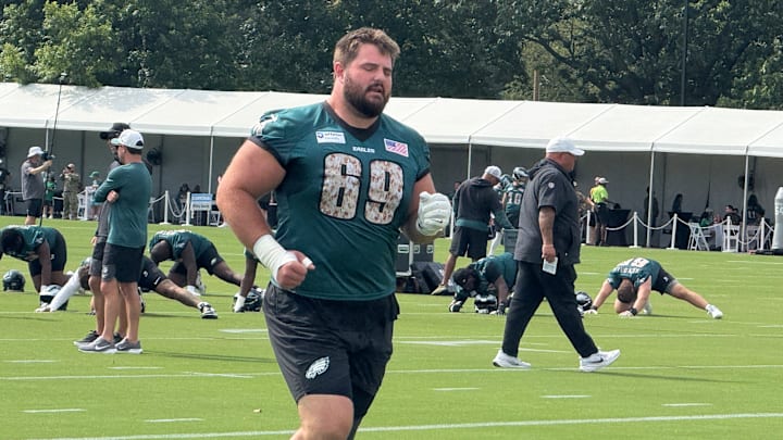 Landon Dickerson was carted off the field late in Sunday night's open practice at Lincoln Financial Field with appeared to be a knee injury. Landon Dickerson was carted off the field late in Sunday night's open practice at Lincoln Financial Field with appeared to be a knee injury.