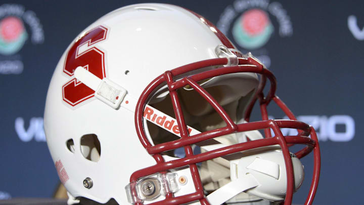Dec 27, 2012; Los Angeles, CA, USA; General view of Stanford Cardinal helmet at press conference for the 2013 Rose Bowl at the L.A. Hotel Downtown. Mandatory Credit: Kirby Lee/Image of Sport-Imagn Images