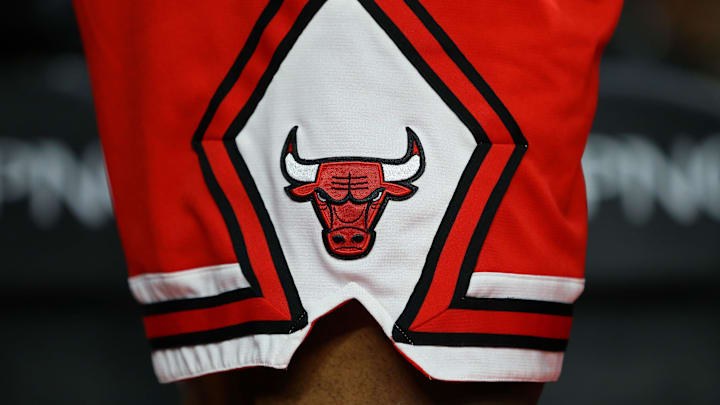 Dec 6, 2016; Auburn Hills, MI, USA; A view of the Chicago Bulls logo on a pair of game shorts at The Palace of Auburn Hills. The Pistons won 102-91.Mandatory Credit: Aaron Doster-Imagn Images