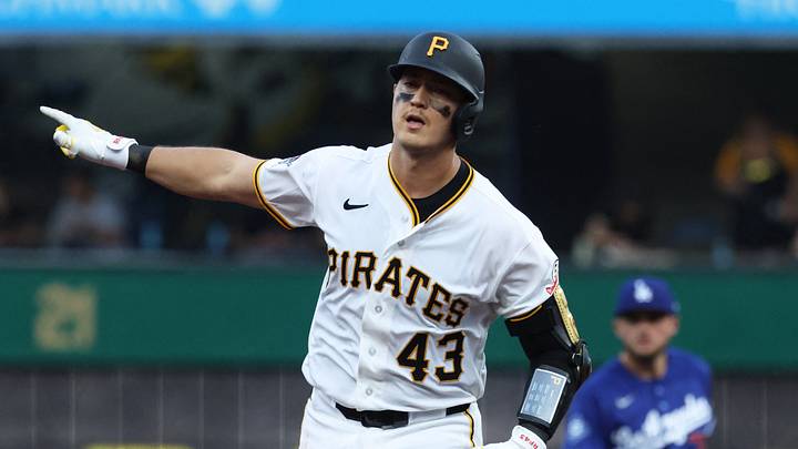 Jun 11, 2026; Pittsburgh, Pennsylvania, USA;  Pittsburgh Pirates catcher Rafael Flores Jr. (43) reacts as he circles the bases on a solo home run which was his first career MLB home run against the Los Angeles Dodgers during the fifth inning at PNC Park. Mandatory Credit: Charles LeClaire-Imagn Images