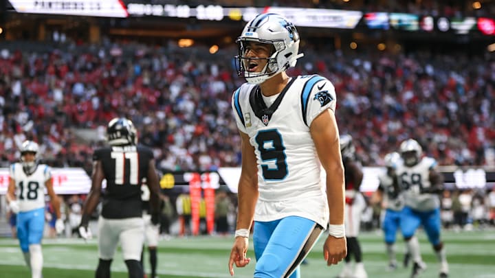 Nov 16, 2025; Atlanta, Georgia, USA; Carolina Panthers quarterback Bryce Young (9) reacts to a touchdown in the fourth quarter against the Atlanta Falcons at Mercedes-Benz Stadium. Mandatory Credit: Brett Davis-Imagn Images Nov 16, 2025; Atlanta, Georgia, USA; Carolina Panthers quarterback Bryce Young (9) reacts to a touchdown in the fourth quarter against the Atlanta Falcons at Mercedes-Benz Stadium. Mandatory Credit: Brett Davis-Imagn Images