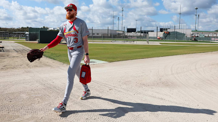 Feb 14, 2026; Jupiter, FL, USA; St. Louis Cardinals starting pitcher Dustin May (3) arrives for a workout during spring training at Roger Dean Chevrolet Stadium. Mandatory Credit: Sam Navarro-Imagn Images