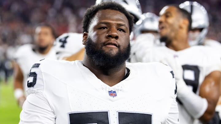 Aug 23, 2025; Glendale, Arizona, USA; Las Vegas Raiders defensive tackle Keondre Coburn (75) against the Arizona Cardinals during a preseason NFL game at State Farm Stadium.
