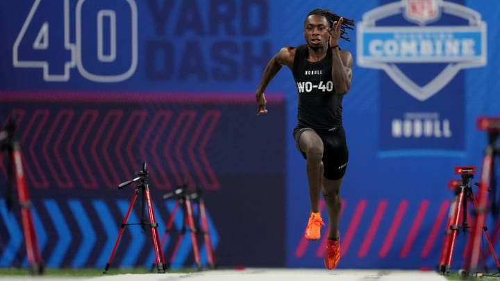 Mar 2, 2024; Indianapolis, IN, USA; Texas wide receiver Xavier Worthy (WO40) ran an official time of