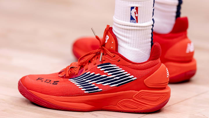 Oct 23, 2024; New Orleans, Louisiana, USA;  Detailed view of the shoes worn by New Orleans Pelicans guard Dejounte Murray during warmups before the game against the Chicago Bulls at Smoothie King Center. Mandatory Credit: Stephen Lew-Imagn Images