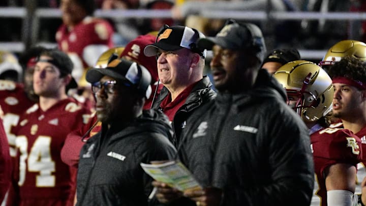 Oct 25, 2024; Chestnut Hill, Massachusetts, USA; Boston College Eagles head coach Bill O'Brien watches the action on the field from the bench during the second half against the Louisville Cardinals at Alumni Stadium. Mandatory Credit: Eric Canha-Imagn Images