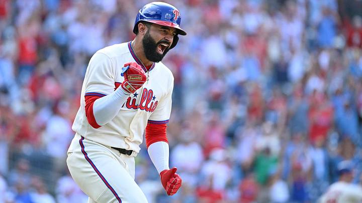 Philadelphia Phillies center fielder Derek Hill (49) celebrates his walk-off RBI single.