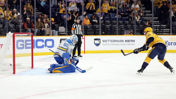 Oct 17, 2026; Nashville, Tennessee, USA; Nashville Predators center Jonathan Marchessault (81) scores off a penalty shot against St. Louis Blues goaltender Jordan Binnington (50) during the first period at Bridgestone Arena. Mandatory Credit: Alan Poizner-Imagn Images Oct 17, 2026; Nashville, Tennessee, USA; Nashville Predators center Jonathan Marchessault (81) scores off a penalty shot against St. Louis Blues goaltender Jordan Binnington (50) during the first period at Bridgestone Arena. Mandatory Credit: Alan Poizner-Imagn Images