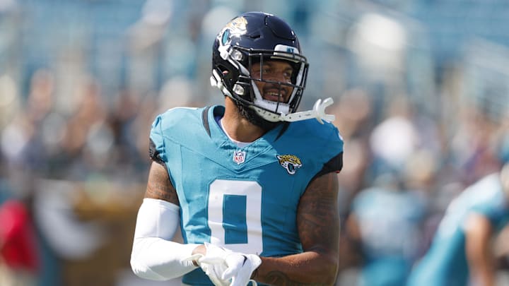 Oct 27, 2024; Jacksonville, Florida, USA; Jacksonville Jaguars wide receiver Gabe Davis (0) before the game against the Green Bay Packers at EverBank Stadium. Mandatory Credit: Morgan Tencza-Imagn Images