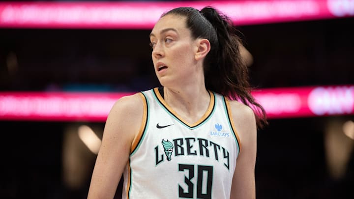Jun 25, 2025; San Francisco, California, USA; New York Liberty forward Breanna Stewart (30) awaits the resumption of play against the Golden State Valkyries during the fourth quarter at Chase Center. Mandatory Credit: D. Ross Cameron-Imagn Images