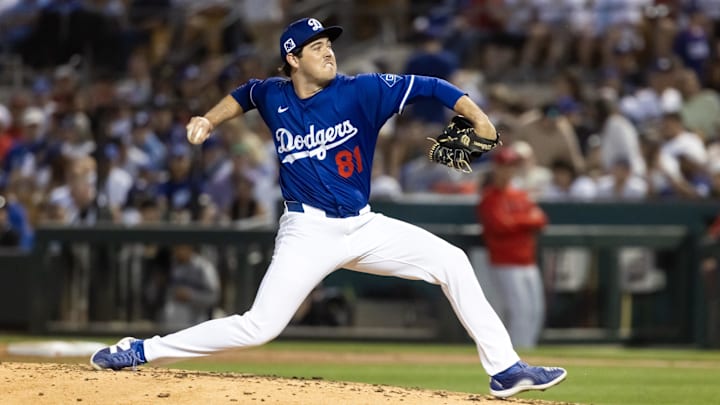 Feb 28, 2025; Phoenix, Arizona, USA; Los Angeles Dodgers pitcher Jack Little against the Los Angeles Angels during a spring training game at Camelback Ranch-Glendale. Mandatory Credit: Mark J. Rebilas-Imagn Images