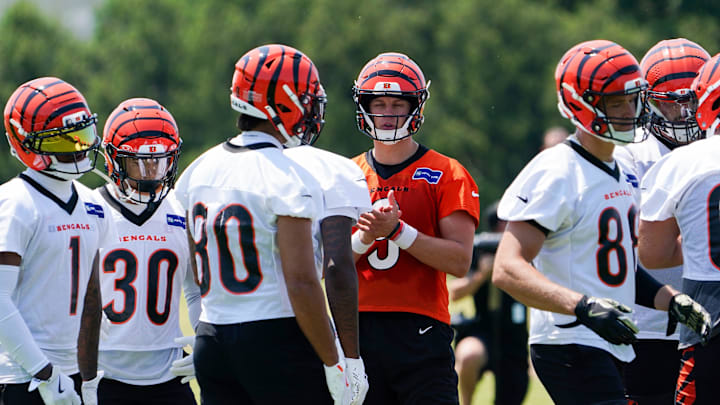 Cincinnati Bengals quarterback Joe Burrow (9) breaks a huddle during a scrimmage, Wednesday, June 11, 2025, at Kettering Health Practice Fields in Downtown Cincinnati. Cincinnati Bengals quarterback Joe Burrow (9) breaks a huddle during a scrimmage, Wednesday, June 11, 2025, at Kettering Health Practice Fields in Downtown Cincinnati.