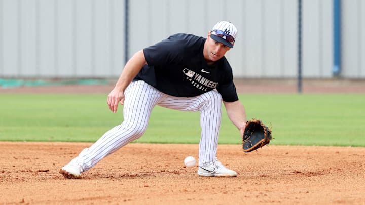 Feb 20, 2025; Tampa, FL, USA; New York Yankees first base Paul Goldschmidt (48) catches a ball during work outs at George M. Steinbrenner Field. Mandatory Credit: Kim Klement Neitzel-Imagn Images