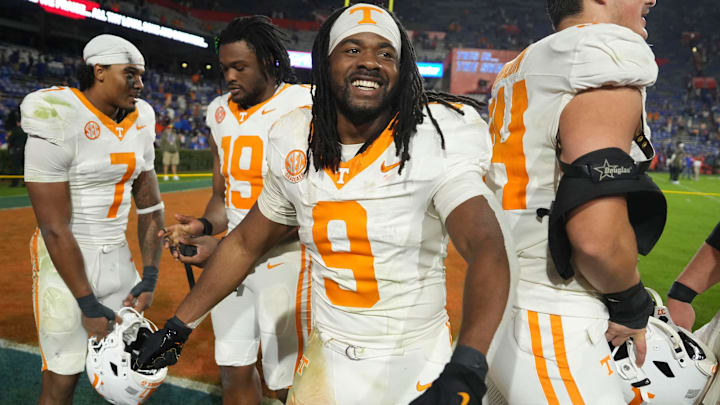 Tennessee running back Star Thomas (9) celebrating after the win over Florida in an NCAA college football game on November 22, 2025, in Gainesville, Florida.