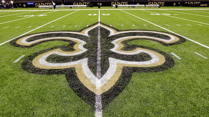 Oct 30, 2022; New Orleans, Louisiana, USA;  General view of the New Orleans Saints logo as the midfield logo fleur-de-lis after the game between the New Orleans Saints and the Las Vegas Raiders at Caesars Superdome. Mandatory Credit: Stephen Lew-Imagn Images
